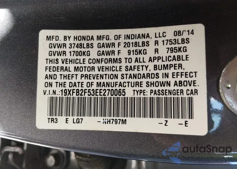 2014 Honda Civic Lx из США, поврежденный, VIN 19XFB2F53EE270065